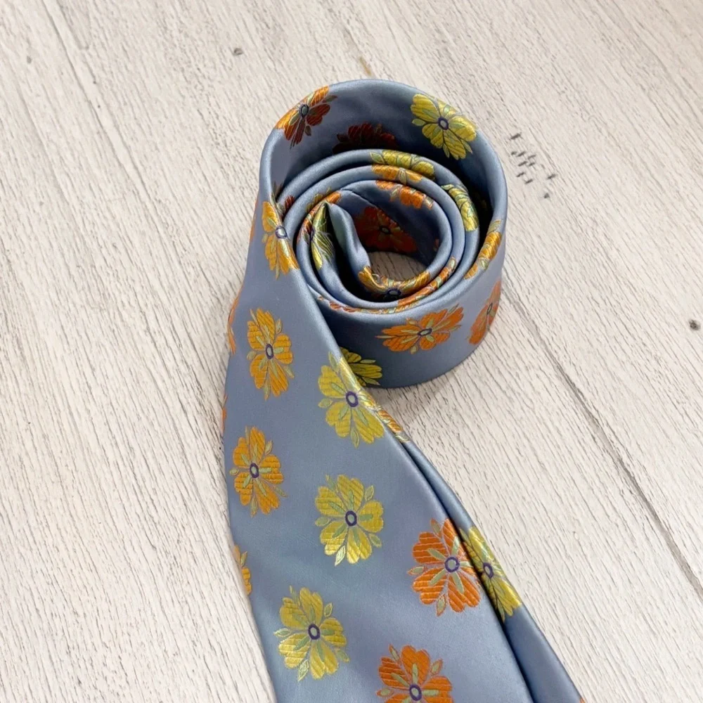 TATTERSALL LONDON Men’s Blue Orange Yellow Novelty 100% Silk Floral Tie 61”